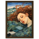 Dreaming of the Sea Woman Sleeping Egon Schiele Style Watercolour Painting Amber Blue Wave Patterns Artwork Framed Wall Art Print A4