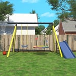 Outdoor Metal Play Frame Swing Set Basketball Hoop Slide Yellow Over 3 Years Old