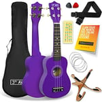 3rd Avenue Soprano Ukulele 21 Inch Beginner Pack Bundle – Bag, Stand, Strap, Strings, Picks and Fret Stickers – Purple with FREE 1 Month Online Lessons