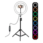 Hopcd LED Selfie Ring Fill Light RGB White Colorful Photography Video Shooting Flash Ring Light with Tripod/Mobile Phone/Camera Bracket for Live Streaming Broadcast Makeup