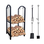 VOUNOT Log Rack with 4 Fireplace Tools Indoor Fireside Companion Set Outdoor Log Holder for Wood Burner Wrought Iron Log Storage Tool Set Wood Stove Fireplace Accessories, 38x33x75 cm