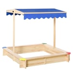 Kids Wooden Sandpit with Adjustable Canopy - Square Sandbox Play Area