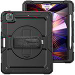 Armor-x Rainproof Military Grade Rugged Case With Hand Strap And Kick-stand Ipad Pro 12.9" 3rd Gen, Ipad Pro 12.9" 4th Gen, Ipad Pro 12.9" 5th Gen, Ipad Pro 12.9" 6th Gen Svart