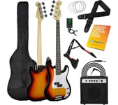3RD AVENUE Full Size 4/4 Electric Bass Guitar Bundle - Sunburst, Brown,Orange