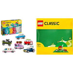 LEGO Classic Creative Vehicles, Colourful Model Cars Kit featuring a Police Car Toy & 11023 Classic Green Baseplate, Square 32x32 Stud Building Grass Base, Build and Display Board Set