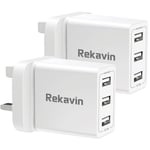 USB Plug Charger UK 2 Pack,Rekavin Multi USB Wall Plug Adapter UK 3 Port with Smart IC Fast Charging Technology Mains Charge for iPhone 13 12 11 10 XS Max XR X 8 7 6 6S,Samsung S10 S9 S8 S7,ipad ect