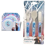 Disney II Frozen Kids Tableware 3 Piece Reusable PP Plate, Bowl & Cup Children – for 24 Months & Up & II Frozen 3 Piece Cutlery Set – Metal, Reusable Children's Knife– for 12 Months & Up, 18/8