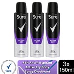 Sure Men Anti Perspirant 48H Protection Active Dry Deodorant, 3 Pack, 150ml