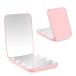 Fick spegel, LED kompakt spegel, 1x/2x förstoringsspegel med ljus, 2-sidig handhållen magnetisk strömbrytare vikbar liten resesminkspegel (rosa)