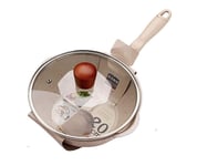 26CM Beige Maifan Stone Non-stick Pan with Lid Household Frying and Frying Pan with Wok Japanese Style Small Wok Induction Cooker Gas Stove General(Size: 10.2 inches long x 3.1 inches high)
