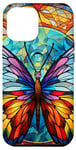 Coque pour iPhone 15 Pro Max Papillon bleu et jaune en verre teinté portrait insecte art