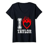Womens Red Fired Heart Taylor First Name Girl I Love Taylor Graphic V-Neck T-Shirt