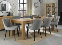 Bentley Designs Turin Light Oak 6-10 Seater Extending Dining Table with 8 Cezanne Grey Velvet Chairs - Black Legs