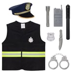 Police Deguisement Enfant 8 pièces Policier Costume Accessoires avec Chapeau de policier Gilet Menottes et accessoires, Jouet pour Garçons Halloween Carnaval Jeu de rôle de Police Fête à thème
