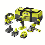 RYOBI - Pack 3 outils sans fil One+ : perceuse R18DD7 - meuleuse R18AG - scie sauteuse R18JS - 2 batteries 2Ah et 4Ah - 1 chargeur - 1 sac de transport
