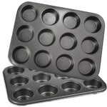 POKIENE Muffin Molds, 2PCS 12 Cup Muffin Tray Non-Stick Cupcake Tins Cake Trays for Baking,Pudding, Brownies - Carbon Steel