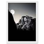 Artery8 Moonrise by Half Dome in Yosemite National Park High Contrast Black White Photograph Full Moon and Mountain Forest Landscape Artwork Framed A3 Wall Art Print