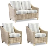 Desser Dijon Cane Conservatory Furniture Set – 2 Seater Sofa & 2x Armchairs – Fully Assembled Luxury Indoor Real Wicker Chair & Settee Suite with UK Manufactured Cushions – Athena Stripe Fabric