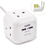 4 Way Power Cube Socket with 2 USB Ports & 1.5M Cable Electric Extension Lead