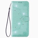Samsung Galaxy A12 / M12 Case Glitter, Shockproof Flip Folio PU Leather Phone Wallet Case Full Protection Mandala with Magnetic Stand Silicone Bumper Cover for Samsung A12 / M12 Case Girls, Green