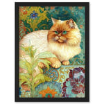 Orange Persian Cat William Morris Inspired Floral Pattern Colourful Modern Illustration Artwork Framed Wall Art Print A4