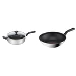 Tefal 26cm Comfort Max Stainless Steel Non-Stick Saute Pan and Lid, Silver & 28cm Comfort Max Stainless Steel Non-Stick Wok, Silver
