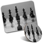 Rectangle Mouse Mat & Round Coaster Set - BW - Chess Board Game 20 cm & 9 cm for Computer & Laptop, Office, Gift, Non-slip Base #41558