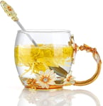 YBK Tech Creative Flower Glass Mug Crystal Glass Tea Cup for Sister, Mom, Grandma, Teachers- Gold Chrysanthemum, without Gift Box (Small (320ml))