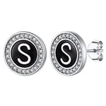 Silvora Boucles d'Oreilles Argent 925 Femme Homme Initial Lettre Blanc Noir Clou d Oreille Pierre Zircone Ronde-10mm Fille Cadeau pour Maman Copine Soeur Ado Jeune Adult