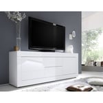 Meuble TV moderne 210 cm laqué blanc brillant Agathe Laqué blanc brillant