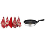 Penguin Home Tefal 30 cm Comfort Max, Induction Frying Pan, Stainless Steel, Non Stick 100% Cotton Tea Towel Set of 5 - Stylish Red Design - 65 x 45cm