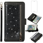 Asuwish Compatible with iPhone 7plus 8plus 7/8 Plus Wallet Case and Tempered Glass Screen Protector Glitter Leather Flip Cover Zipper Stand Phone Cases for i Phone7s 7s + 7+ 8s 8+ Phones8 Women Black