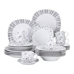 VEWEET, Series BESLEY, 60-Piece Porcelain Dinner Set Black White Pattern Combination Sets with Dessert Plates/Soup Plates/Dinner Plates/Cups/Saucers Service for 12