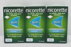 3 X Nicorette Icy White 2mg Gum 30 pieces (90 Pieces Total) -  EXP:10/25