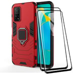 TANYO Phone Case + Screen Protector [2 Pack] for Xiaomi MI 10T / MI 10T Pro, TPU/PC Heavy Duty Shockproof Armor Protective Cover [360° Bracket] with Tempered Glass Screen Protector, Red