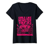 Womens Girls Love Monster Trucks Too - Fierce Racer Monster Trucks V-Neck T-Shirt