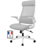 MELOKEA Chaise de Bureau Ergonomique, Fauteuil Bureau 200 KG avec Appui-tête Réglable, Accoudoirs Rabattables, Support Lombaire Ergonomique, Maille Respirante, Siège Conforme à en 1335, Gris