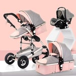 MRWW Anti-shock Lightweight 3 In 1 Pushchair Stroller, Compact Baby Carriage Buggy, Aluminum Pram, Convertible to Reversible Carrycot,Pink
