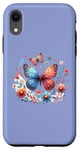 Coque pour iPhone XR Illustration inspirée de la nature avec papillon coloré et floral bleu