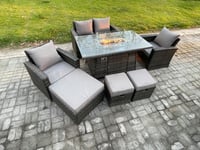 7 Seater Outdoor Rattan Sofa Set Garden Furniture Gas Firepit Dining Table Heater with 3 Footstools