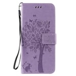 iPhone 12 Mini Case Tree & Cat Cute Funny Shockproof Folio Flip PU Leather Wallet Case with Stand Card Holder Silicone Bumper Phone Case for iPhone 12 Mini Cover Girls Kids, Light Purple