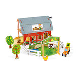 Janod - Animal Farm Story - 10 Wooden Figurines - Imagination Toy - Farm Animals with Characters and Vehicles - Compatible with Existing Rails On The Market - Ages 3 and Up, J08577