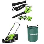 Greenworks 40V Aspirateur souffleur, Tondeuse, Sac de ramassage d'herbe avec Batterie/Chargeur 2x2Ah
