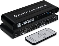 MONDODIGITALE-4K Switch Hdmi 5 Entrées 1 Sortie, 5X1 Commutateur Hdmi 5 Ports Avec Télécommande Prise En Charge 4K Uhd 3D, Multiprise Hdmi Pour Tv Dvd Ps4 Xbox Lecteur Blu-Ray