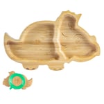 Tiny Dining Children's Bamboo Dinosaur Plate with Suction Cup - Segmented Design, Eco-friendly - 28cm - Green