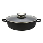 ELO 8669226 Mijoteuse Ronde avec Couvercle en Verre 32 cm de diamètre, Faitout, Plat à Service, Cocotte en Fonte, Fonte d'aluminium, Verre, Acier Inoxydable, Noir, 32 cm