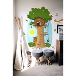 Plage - Grand papier peint panoramique découpé, cabane pour enfant avec un arbre découpé et des animaux de la forêt, 146,5 cm x 83 cm - Vert