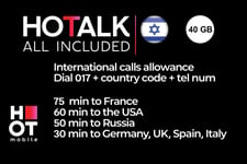 HOT MOBILE - Prepaid SIM Card, only for Israel, 40 GB, 3000 minutes, 3000 SMS, 4G | LTE, Very High Speed, No Permanence, Subscriptions or Commitments
