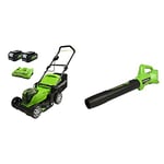 Greenworks 2x24V 41cm Battery-Powered Lawnmower G24X2LM412x with 2x4Ah Batteries and Dual Slot Charger & 24V Axial Leaf Blower G24AB Tool Only