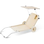 Chaise longue Crête de plage transat pliable chariot de transport avec pare soleil réglable voyage robuste Beige